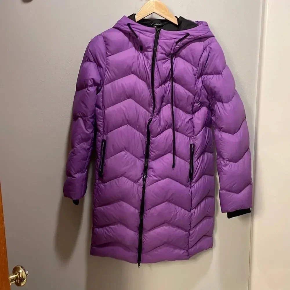 Orolay woman’s bright purple puffer trench jacket